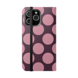 Funda billetera de cuero vegano para iPhone 16 Pro Max – Diseño de lunares Polka Dot en rosa ciruela