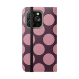 Funda billetera de cuero vegano para iPhone 14 Pro - Diseño de Polka Dot en ciruela rosa