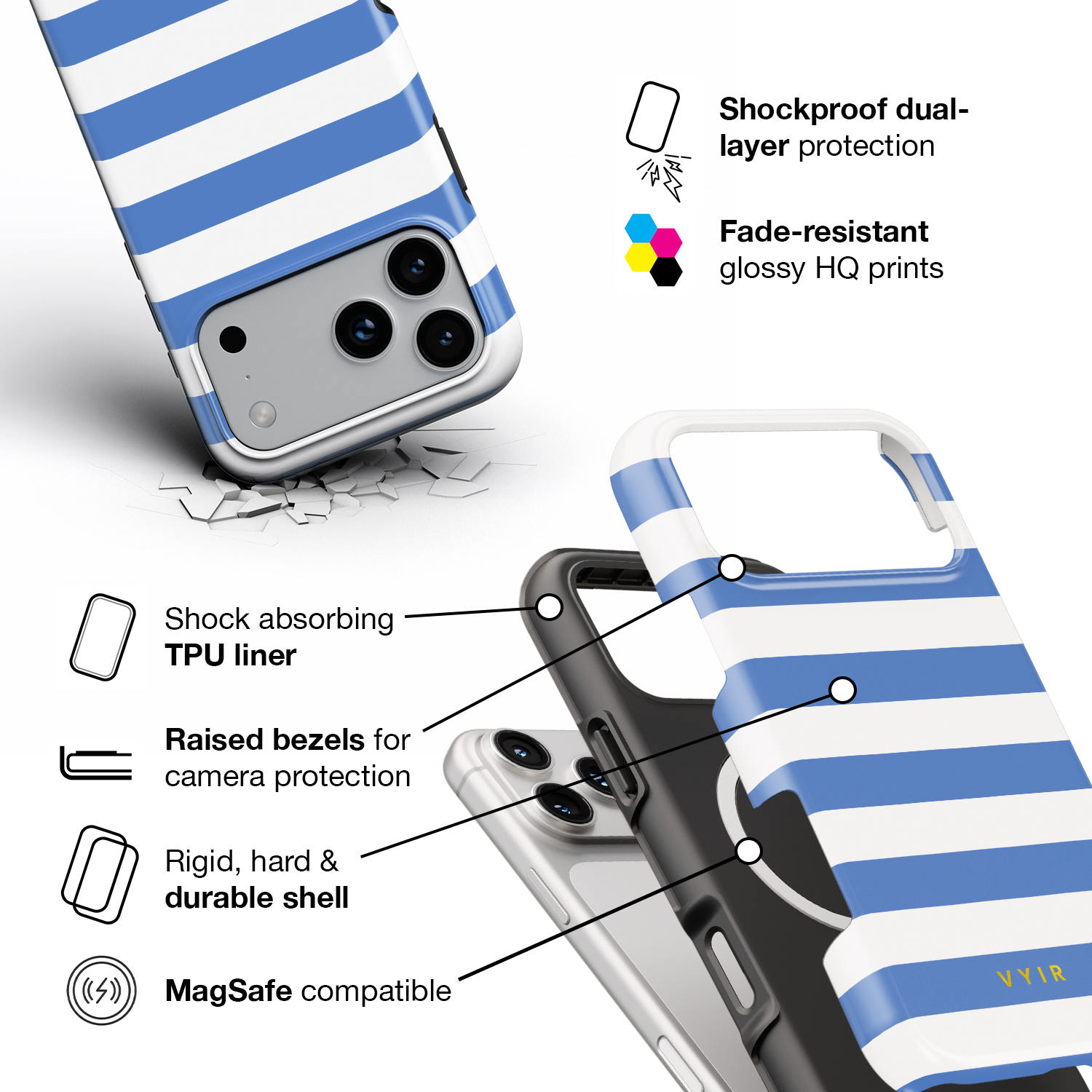 Horizontal Stripes, Parisian Blue - Shockproof MagSafe iPhone Case - VYIR