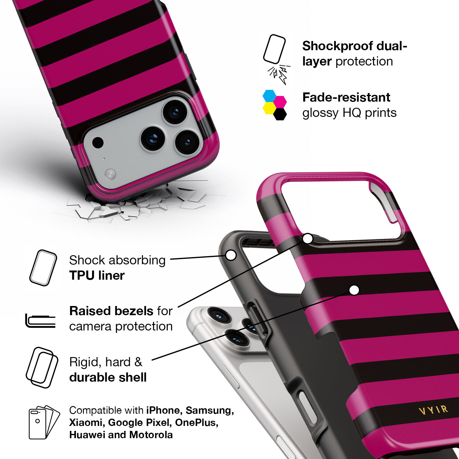Horizontal Stripes, Wine Red - Shockproof Phone Case - VYIR
