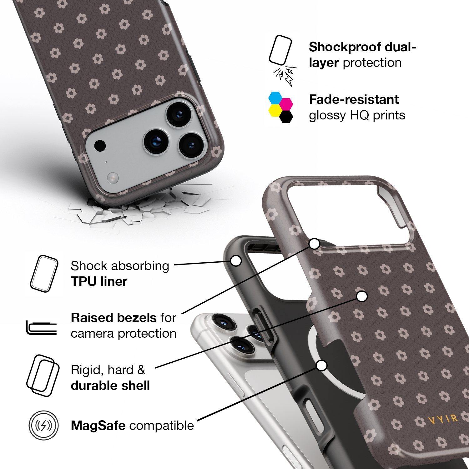 VYIR Signature Flowers, Taupe - Shockproof MagSafe iPhone Case - VYIR