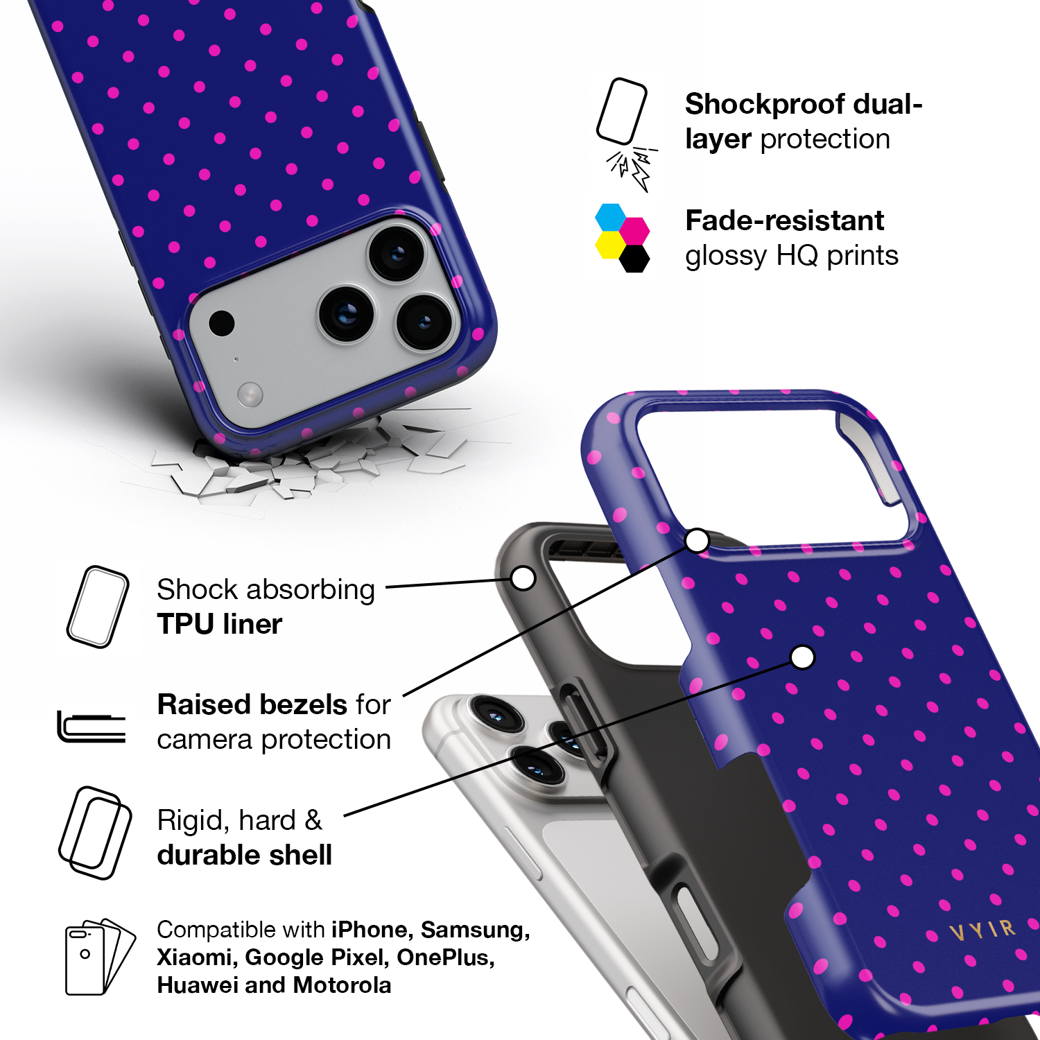 Tiny Polka Dots, Midnight Pink - Shockproof Phone Case - VYIR