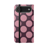 Funda billetera de cuero vegano para iPhone 17 Air – Diseño de lunares Polka Dot en rosa ciruela